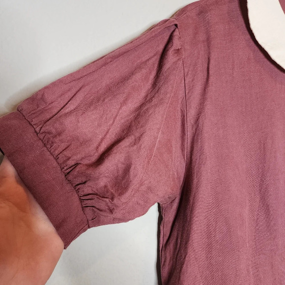 Eva Linen Peterpan Collar Puff Sleeve Button Front Mauve Mini Dress. Free Size - Picture 14 of 16